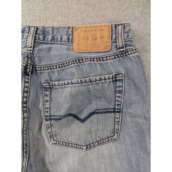 US Polo Assn Jeans Mens Size 34x32 Blue Distressed Relaxed Bootcut Whiskers - Picture 10 of 13